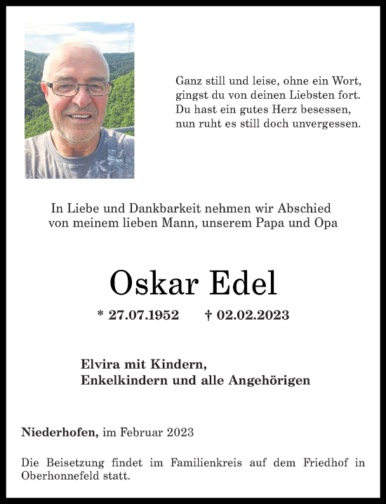 Traueranzeige von Oskar Edel von Rhein-Zeitung