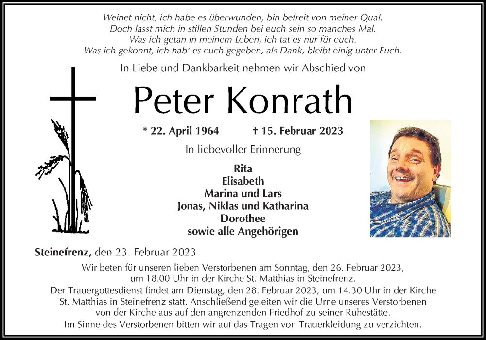  Traueranzeige für Peter Konrath vom 23.02.2023 aus Westerwälder Zeitung