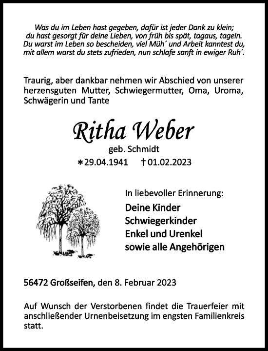 Traueranzeige von Ritha Weber von Westerwälder Zeitung