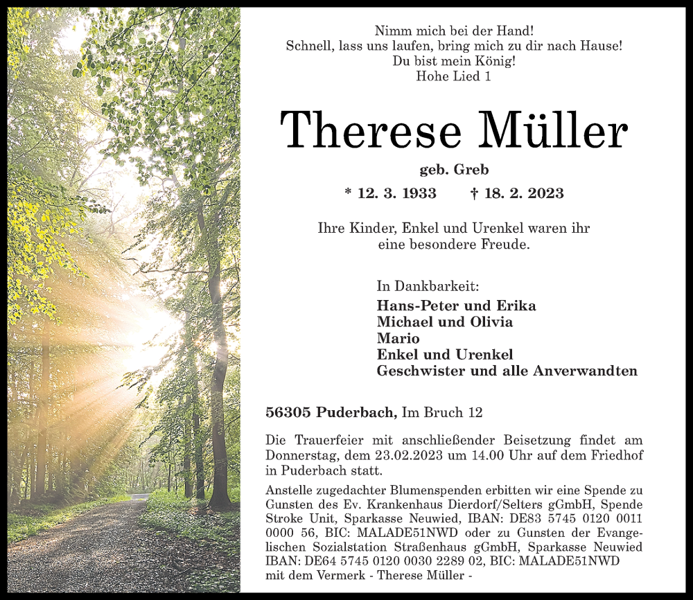  Traueranzeige für Therese Müller vom 22.02.2023 aus Rhein-Zeitung