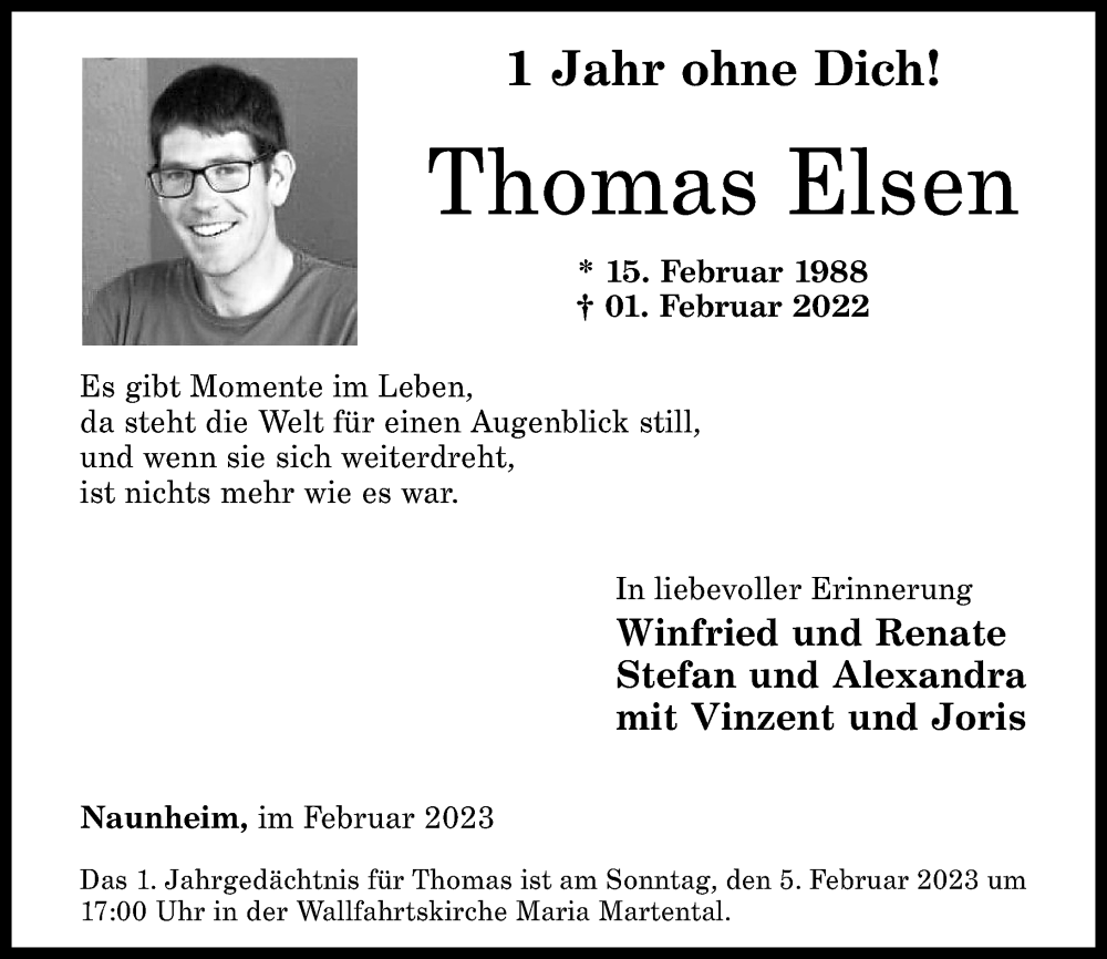  Traueranzeige für Thomas Elsen vom 04.02.2023 aus Rhein-Zeitung