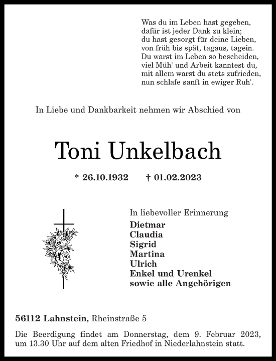Traueranzeige von Toni Unkelbach von Rhein-Lahn-Zeitung