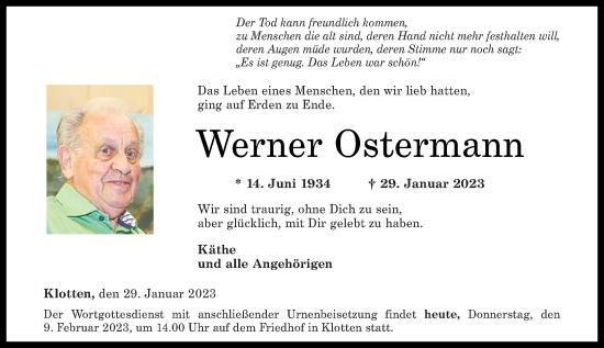 Traueranzeigen Von Werner Ostermann Rz Trauerde 7821