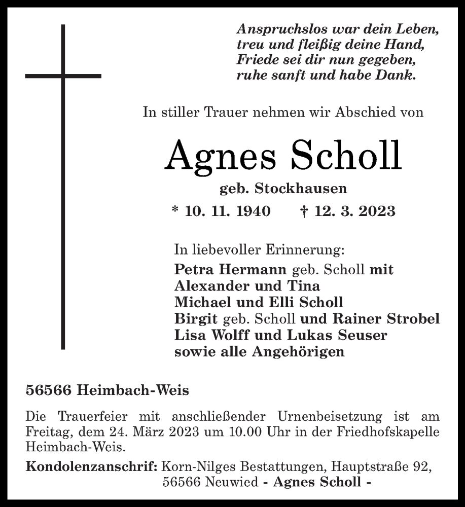  Traueranzeige für Agnes Scholl vom 18.03.2023 aus Rhein-Zeitung