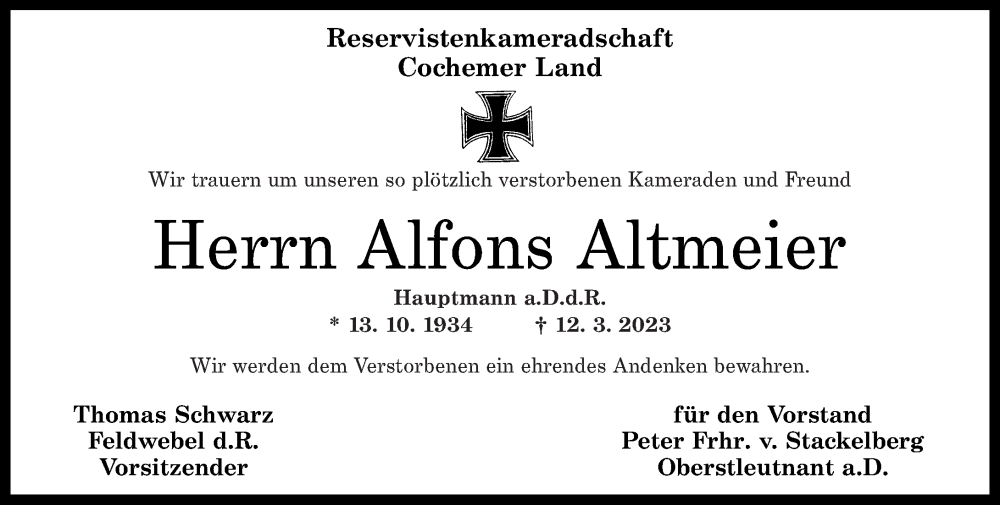  Traueranzeige für Alfons Altmeier vom 18.03.2023 aus Rhein-Zeitung