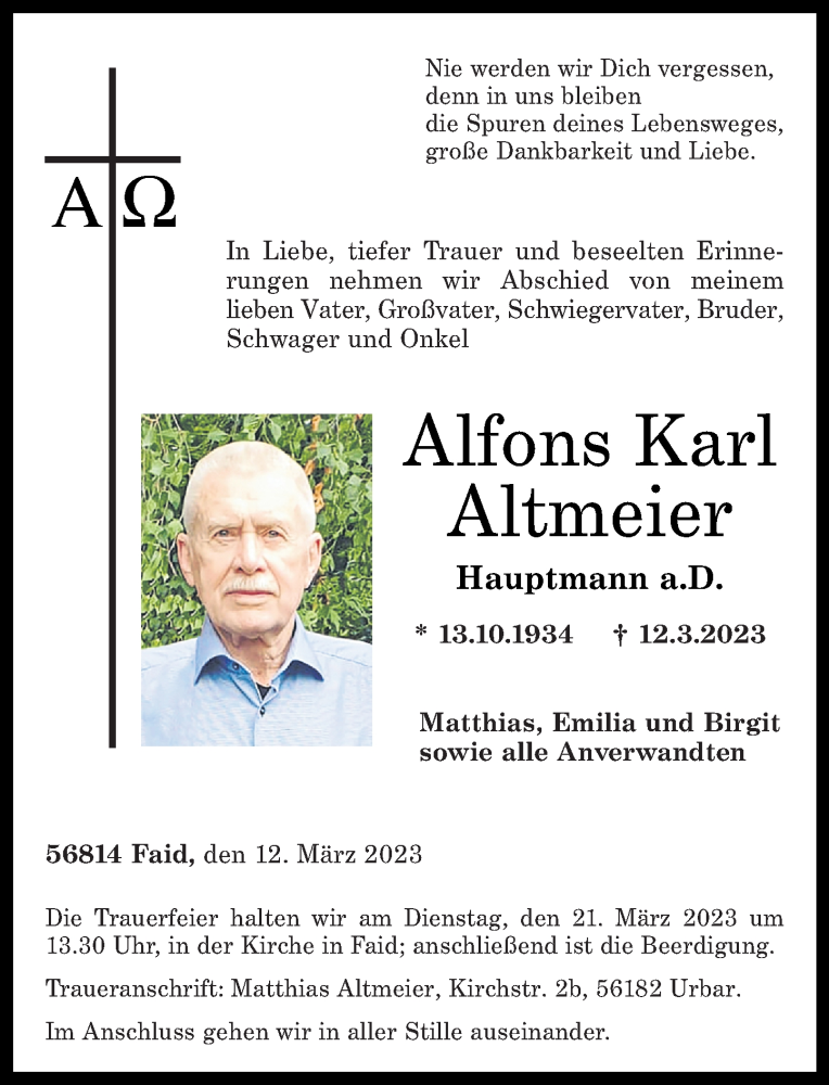  Traueranzeige für Alfons Altmeier vom 16.03.2023 aus Rhein-Zeitung