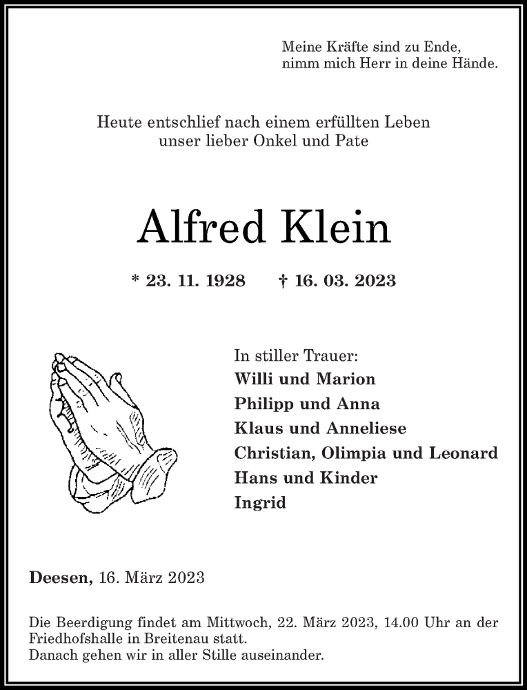  Traueranzeige für Alfred Klein vom 18.03.2023 aus Westerwälder Zeitung