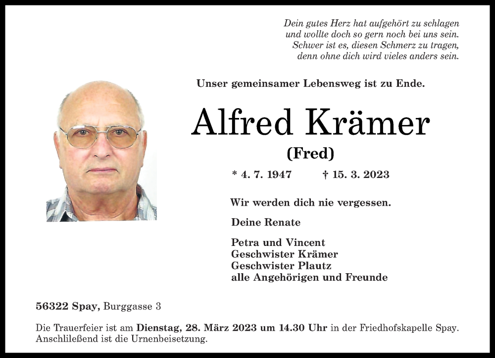  Traueranzeige für Alfred Krämer vom 18.03.2023 aus Rhein-Zeitung