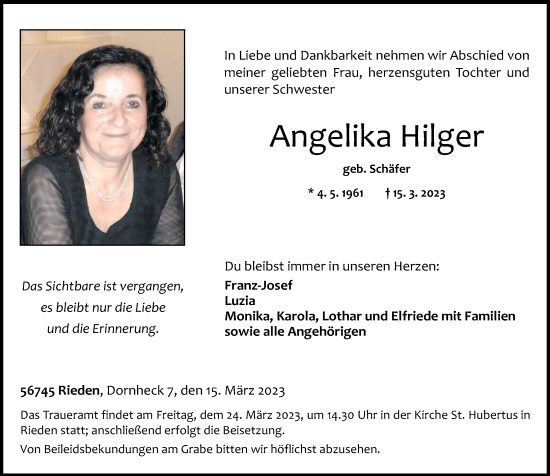 Traueranzeigen von Angelika Hilger | rz-trauer.de