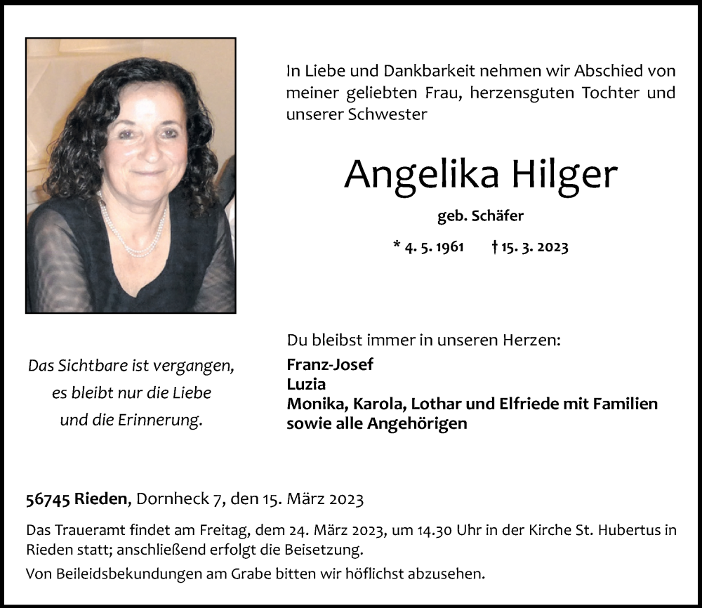  Traueranzeige für Angelika Hilger vom 18.03.2023 aus Rhein-Zeitung