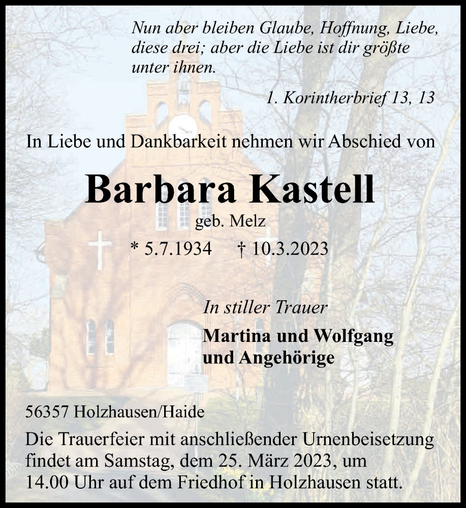  Traueranzeige für Barbara Kastell vom 18.03.2023 aus Rhein-Lahn-Zeitung