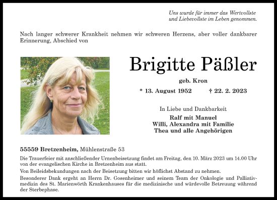 Traueranzeigen Von Brigitte Päßler | Rz-trauer.de