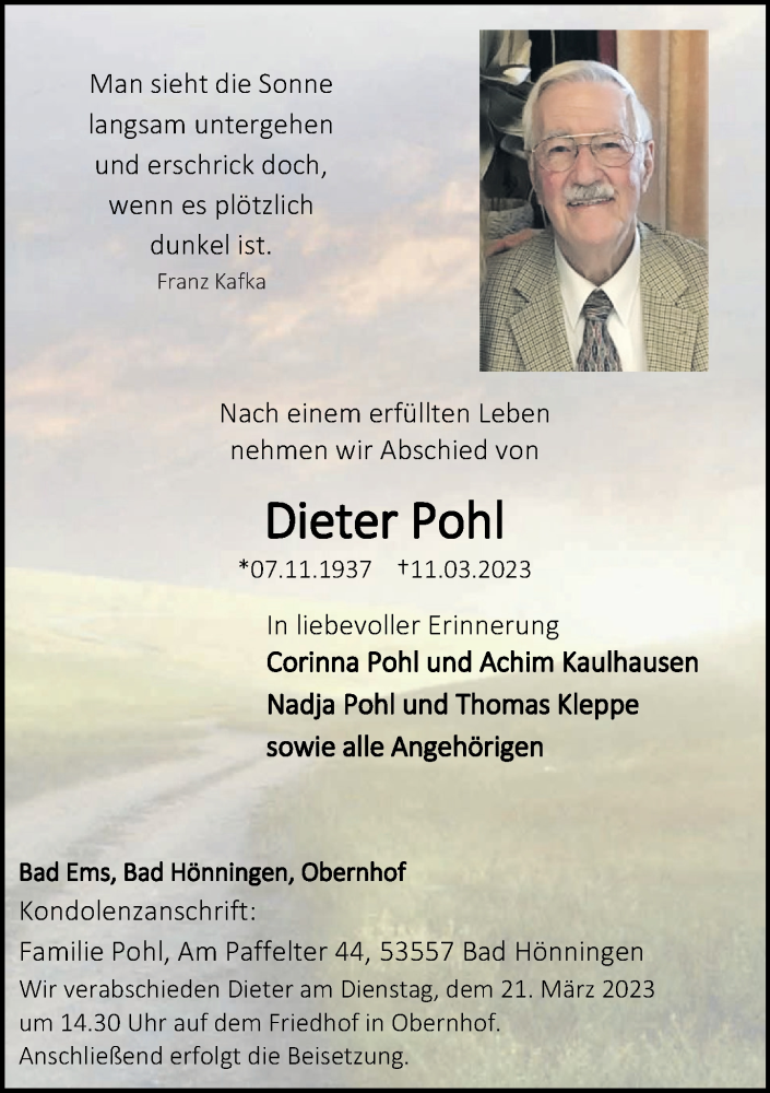  Traueranzeige für Dieter Pohl vom 18.03.2023 aus Rhein-Lahn-Zeitung