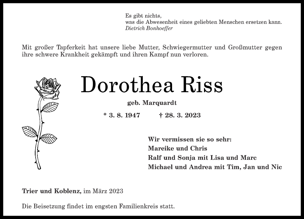 Traueranzeigen von Dorothea Riss | rz-trauer.de