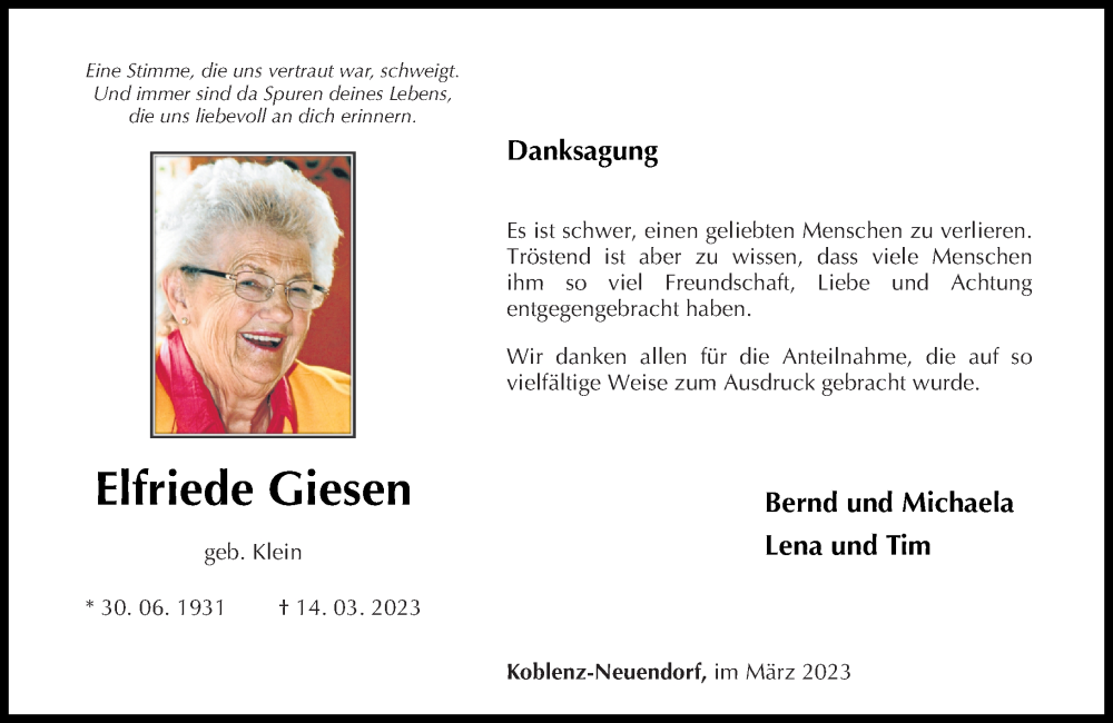  Traueranzeige für Elfriede Giesen vom 01.04.2023 aus Rhein-Zeitung