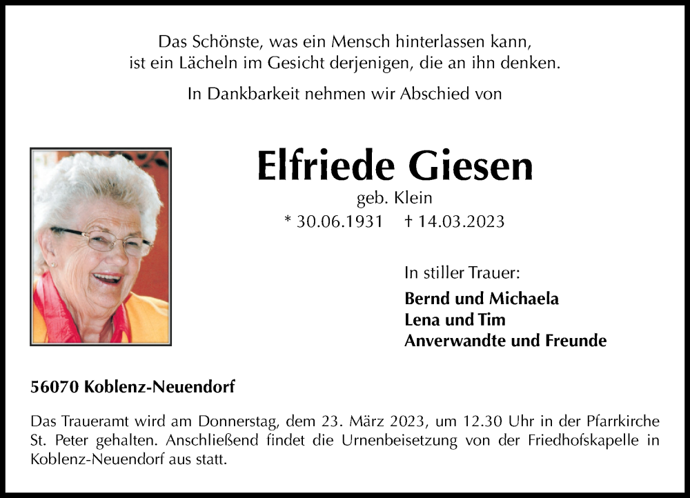 Traueranzeige für Elfriede Giesen vom 18.03.2023 aus Rhein-Zeitung