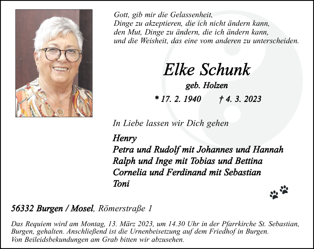  Traueranzeige für Elke Schunk vom 08.03.2023 aus Rhein-Zeitung