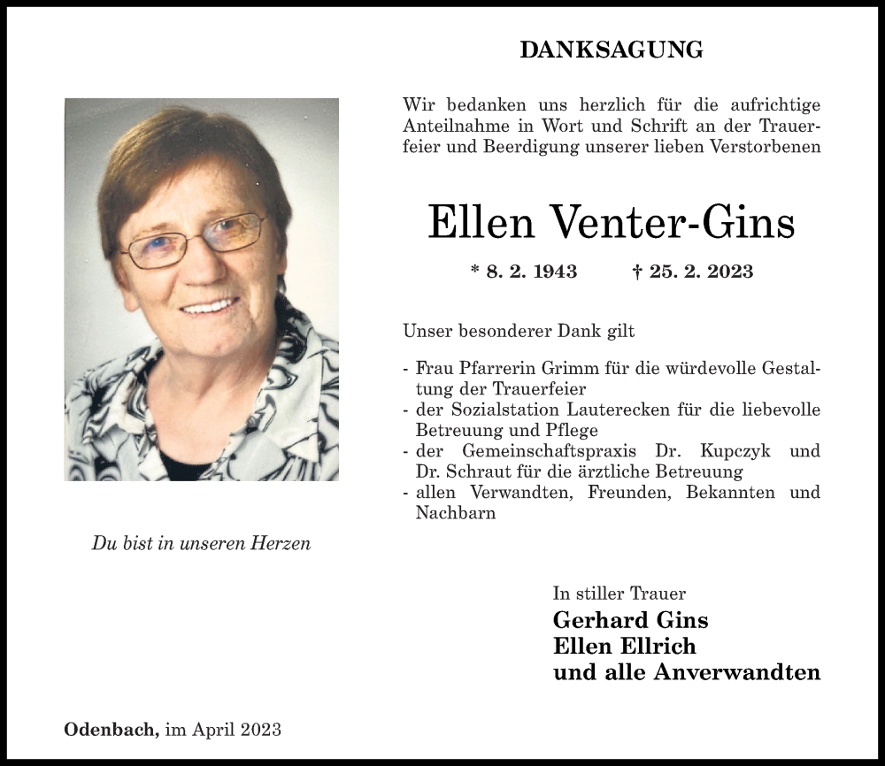 Traueranzeigen von Ellen Venter-Gins | rz-trauer.de