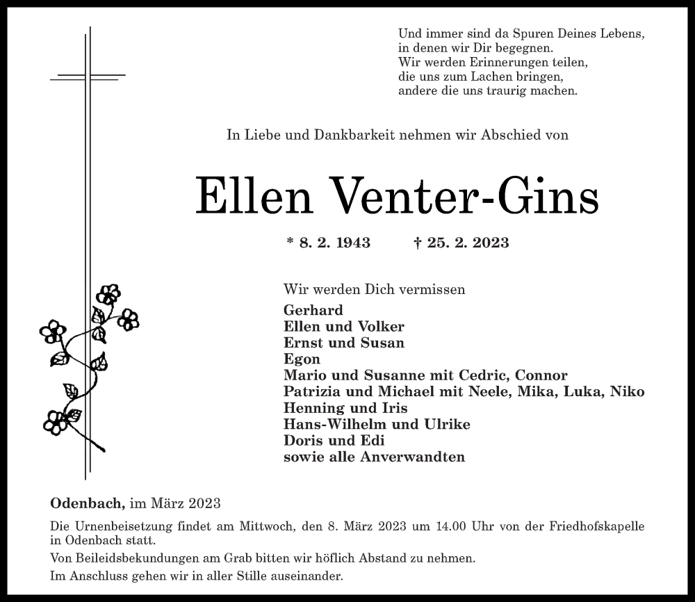 Traueranzeigen Von Ellen Venter Gins Rz Trauer De