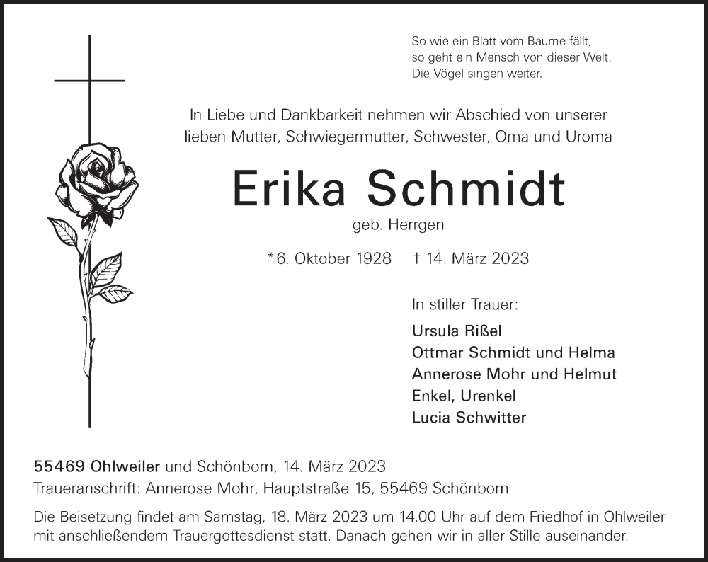  Traueranzeige für Erika Schmidt vom 16.03.2023 aus Rhein-Hunsrück-Zeitung