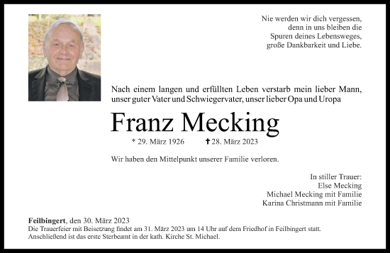 Traueranzeige von Franz Mecking von Oeffentlicher Anzeiger