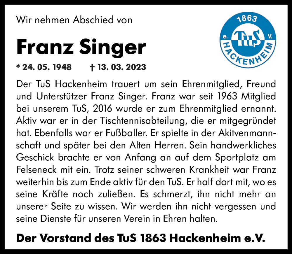  Traueranzeige für Franz Singer vom 18.03.2023 aus Oeffentlicher Anzeiger