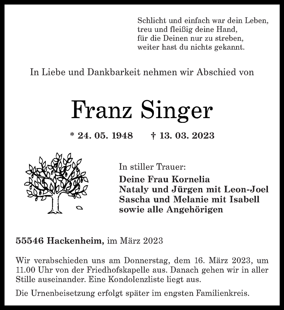  Traueranzeige für Franz Singer vom 15.03.2023 aus Oeffentlicher Anzeiger