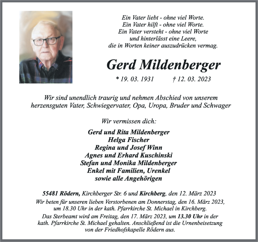  Traueranzeige für Gerd Mildenberger vom 15.03.2023 aus Rhein-Hunsrück-Zeitung
