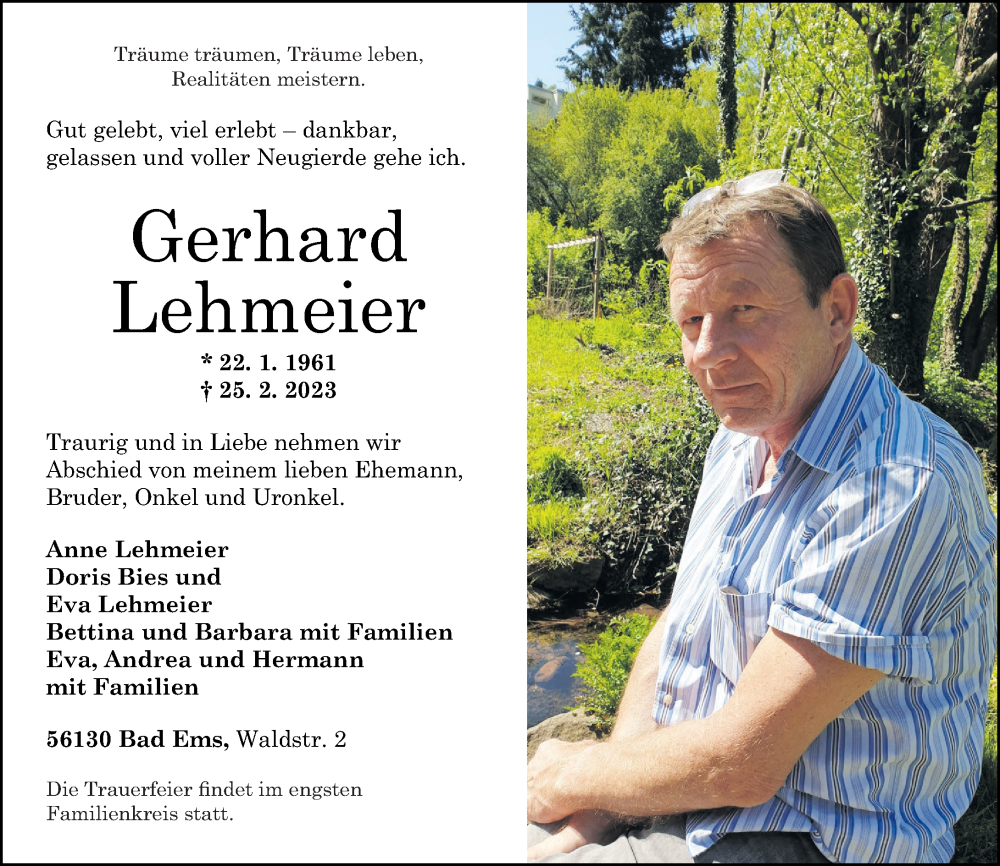  Traueranzeige für Gerhard Lehmeier vom 18.03.2023 aus Rhein-Lahn-Zeitung