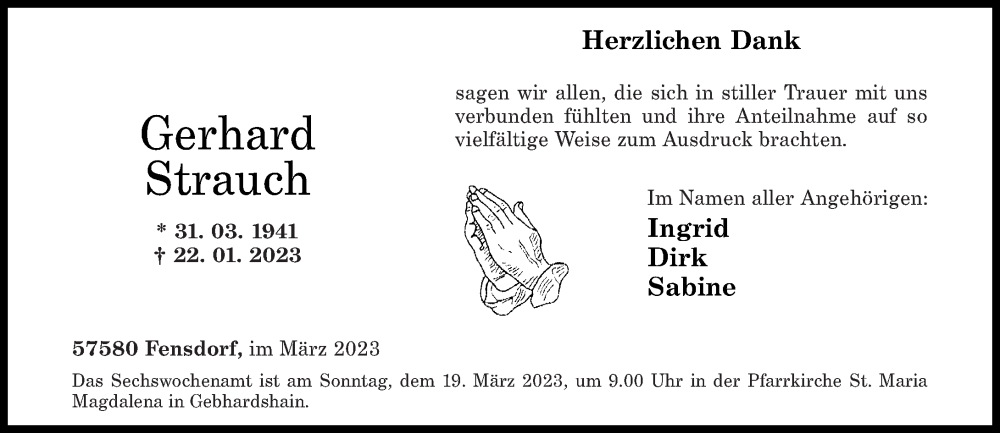  Traueranzeige für Gerhard Strauch vom 11.03.2023 aus Rhein-Zeitung