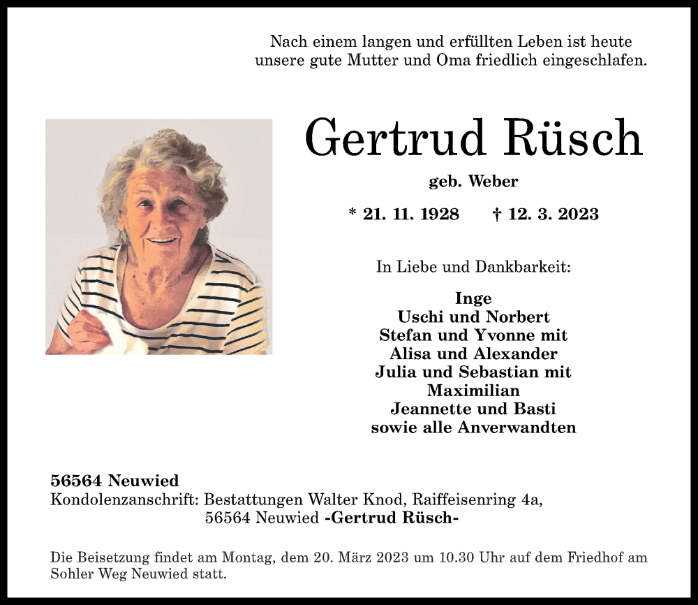  Traueranzeige für Gertrud Rüsch vom 18.03.2023 aus Rhein-Zeitung