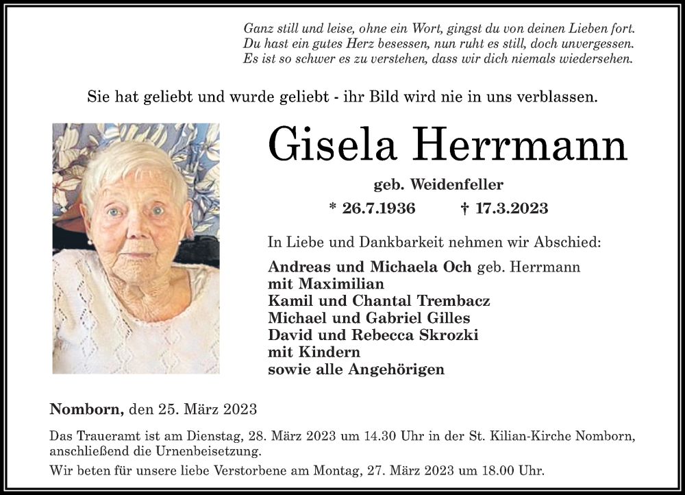 Traueranzeigen von Gisela Herrmann | rz-trauer.de