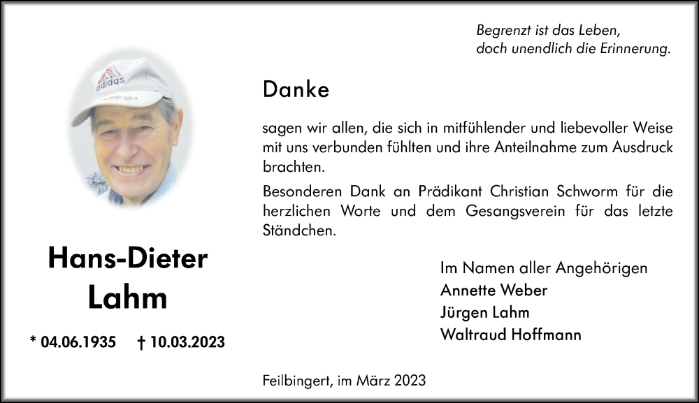  Traueranzeige für Hans-Dieter Lahm vom 01.04.2023 aus Oeffentlicher Anzeiger
