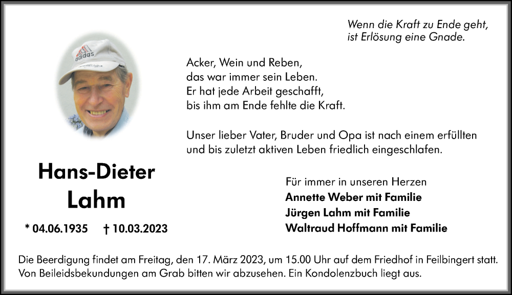  Traueranzeige für Hans-Dieter Lahm vom 15.03.2023 aus Oeffentlicher Anzeiger