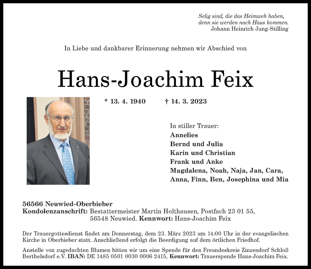  Traueranzeige für Hans-Joachim Feix vom 18.03.2023 aus Rhein-Zeitung