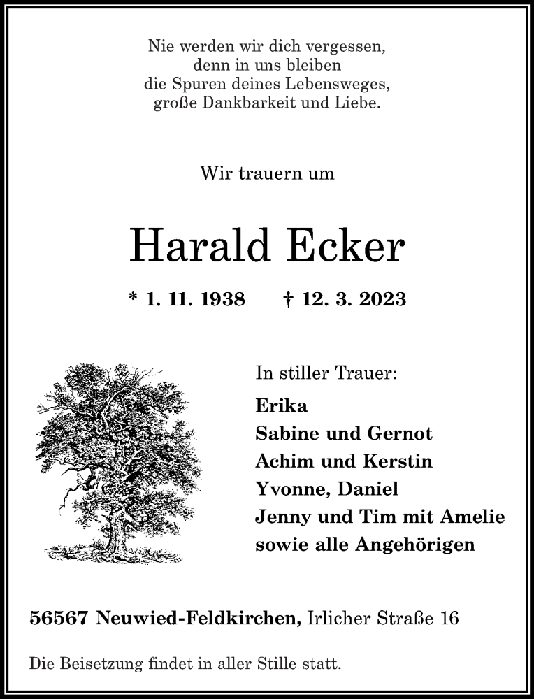  Traueranzeige für Harald Ecker vom 18.03.2023 aus Rhein-Zeitung