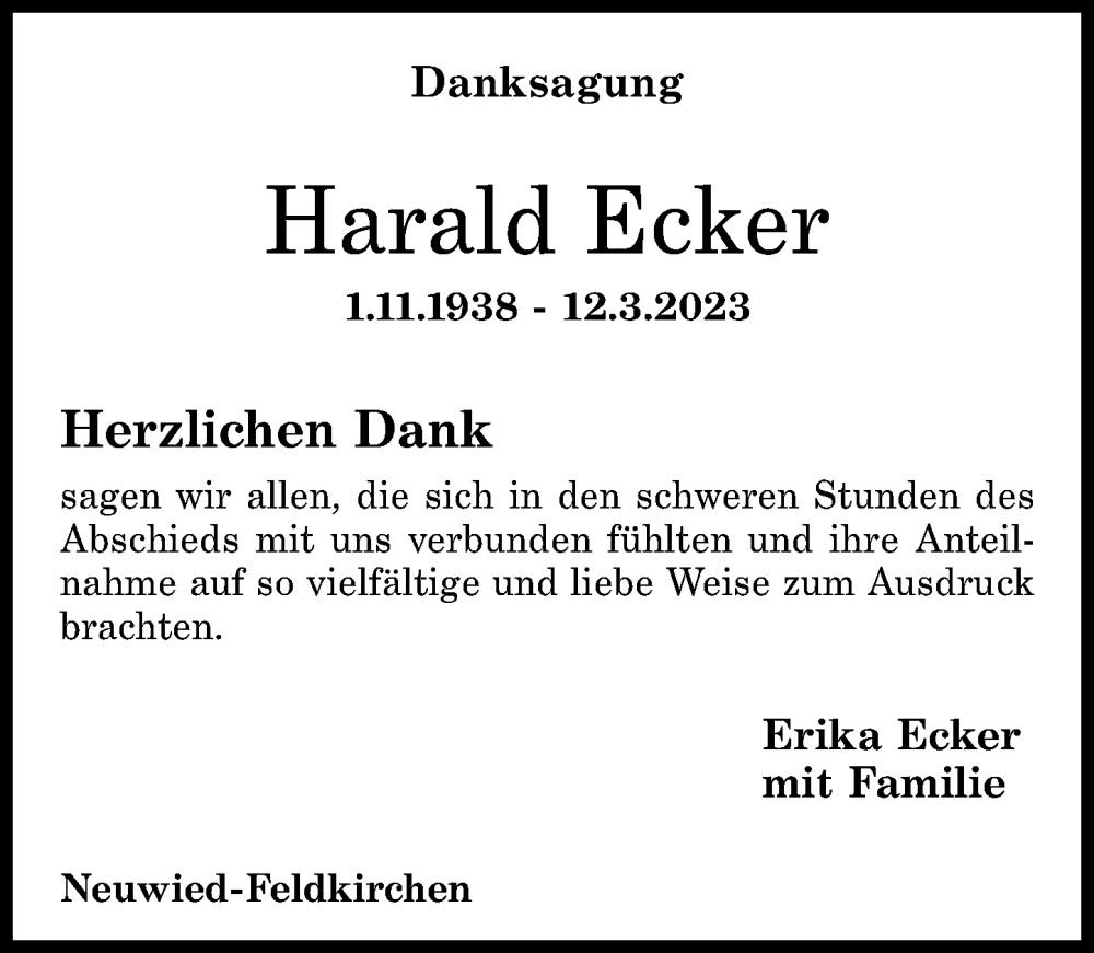  Traueranzeige für Harald Ecker vom 01.04.2023 aus Rhein-Zeitung