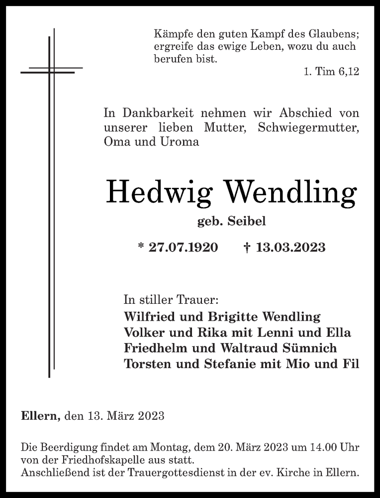  Traueranzeige für Hedwig Wendling vom 18.03.2023 aus Rhein-Hunsrück-Zeitung