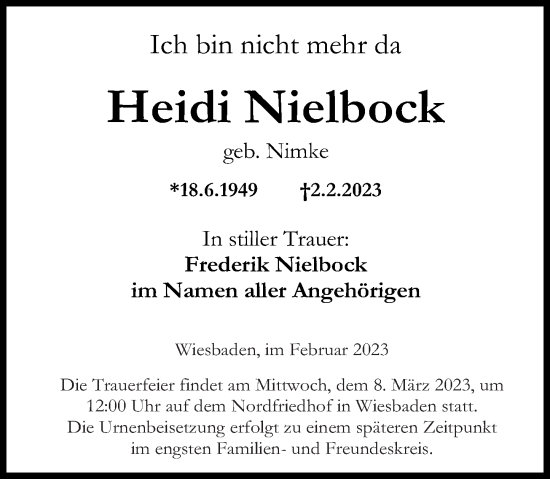 Traueranzeige von Heidi Nielbock von Rhein-Lahn-Zeitung