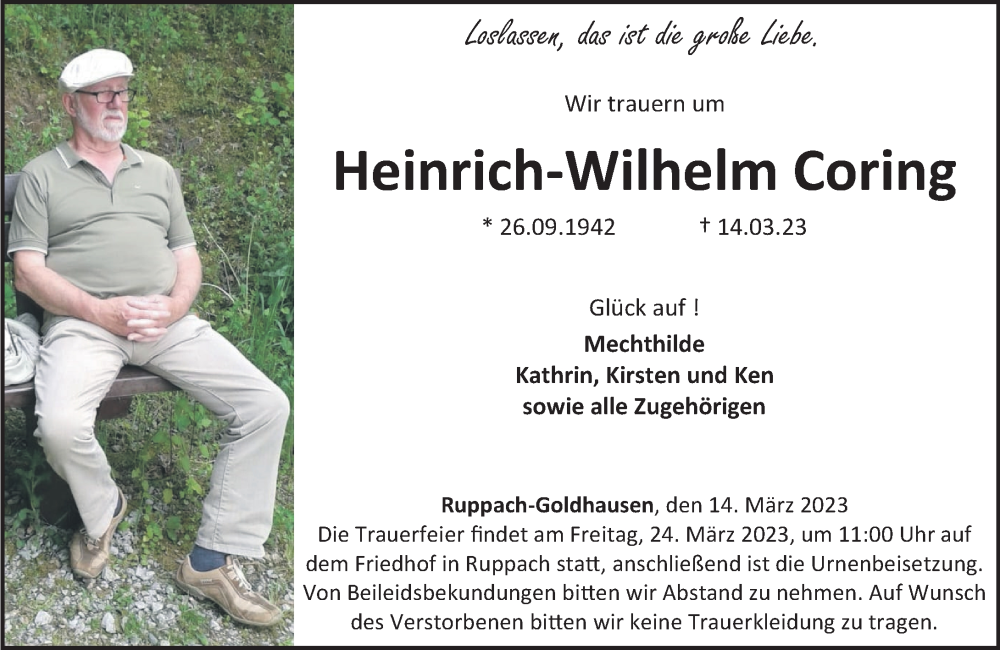 Traueranzeige für Heinrich-Wilhelm Coring vom 18.03.2023 aus Westerwälder Zeitung