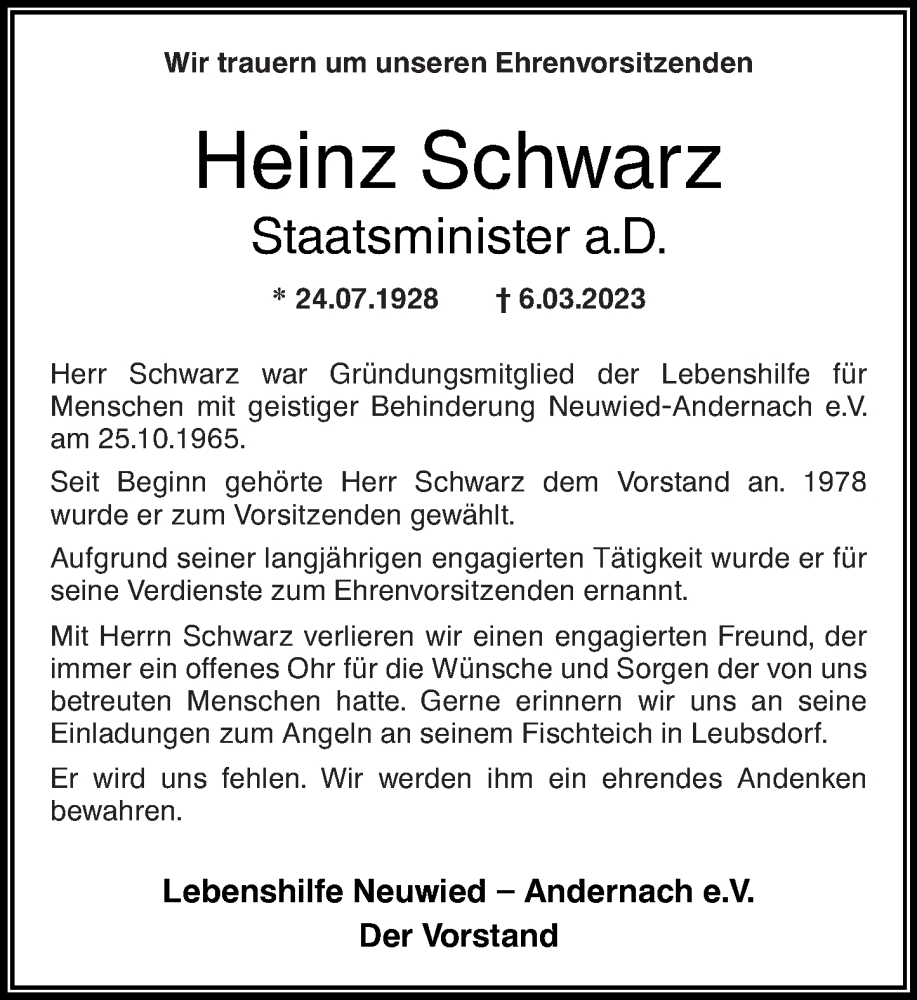 Traueranzeige für Heinz Schwarz vom 11.03.2023 aus Rhein-Zeitung