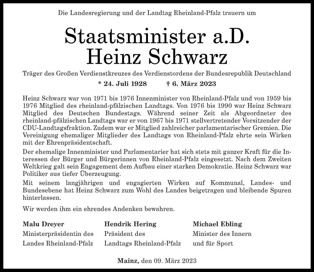  Traueranzeige für Heinz Schwarz vom 09.03.2023 aus Rhein-Zeitung