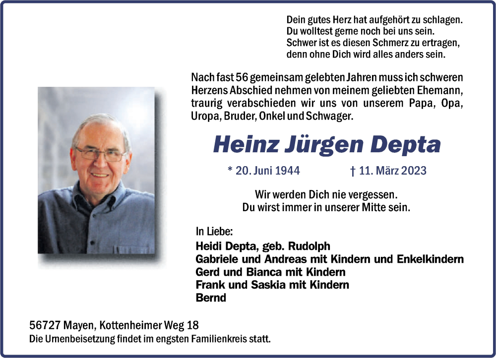 Traueranzeige für Heinz Jürgen Depta vom 18.03.2023 aus Rhein-Zeitung