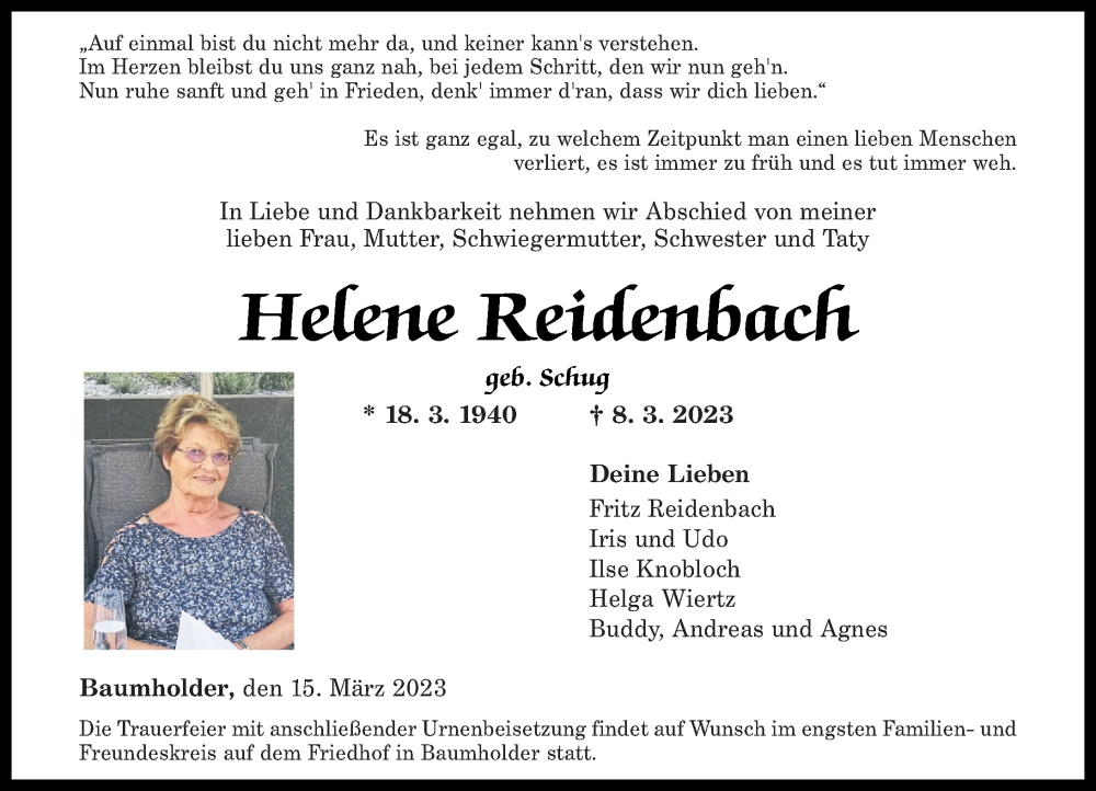  Traueranzeige für Helene Reidenbach vom 14.03.2023 aus Nahe-Zeitung