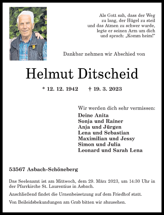 Traueranzeige von Helmut Ditscheid von Rhein-Zeitung