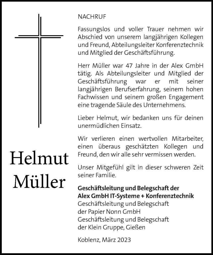 Traueranzeige für Helmut Müller vom 18.03.2023 aus Rhein-Zeitung, Rhein-Hunsrück-Zeitung