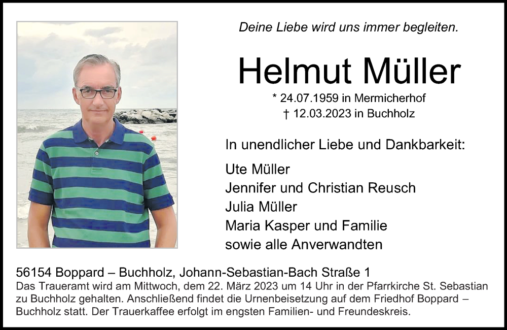  Traueranzeige für Helmut Müller vom 15.03.2023 aus Rhein-Zeitung
