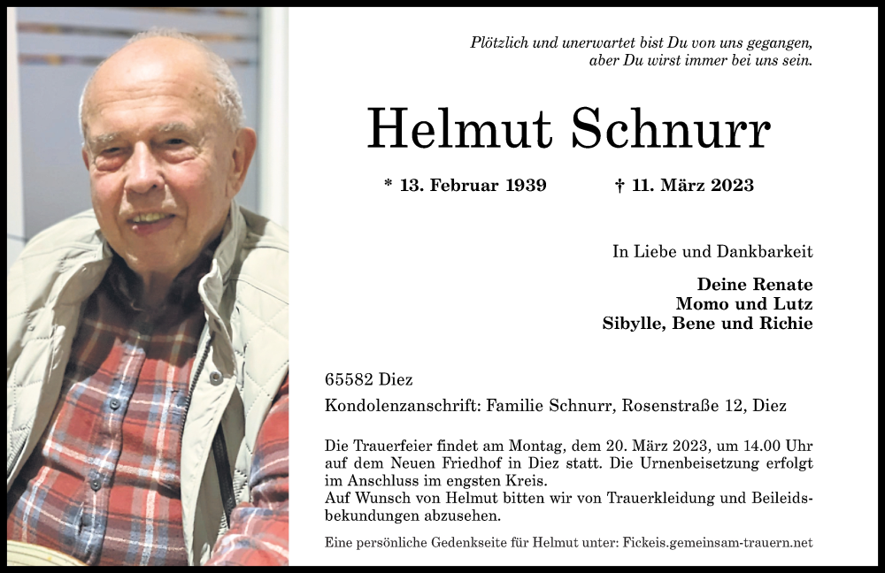  Traueranzeige für Helmut Schnurr vom 17.03.2023 aus Rhein-Lahn-Zeitung