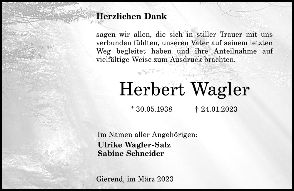  Traueranzeige für Herbert Wagler vom 11.03.2023 aus Rhein-Zeitung