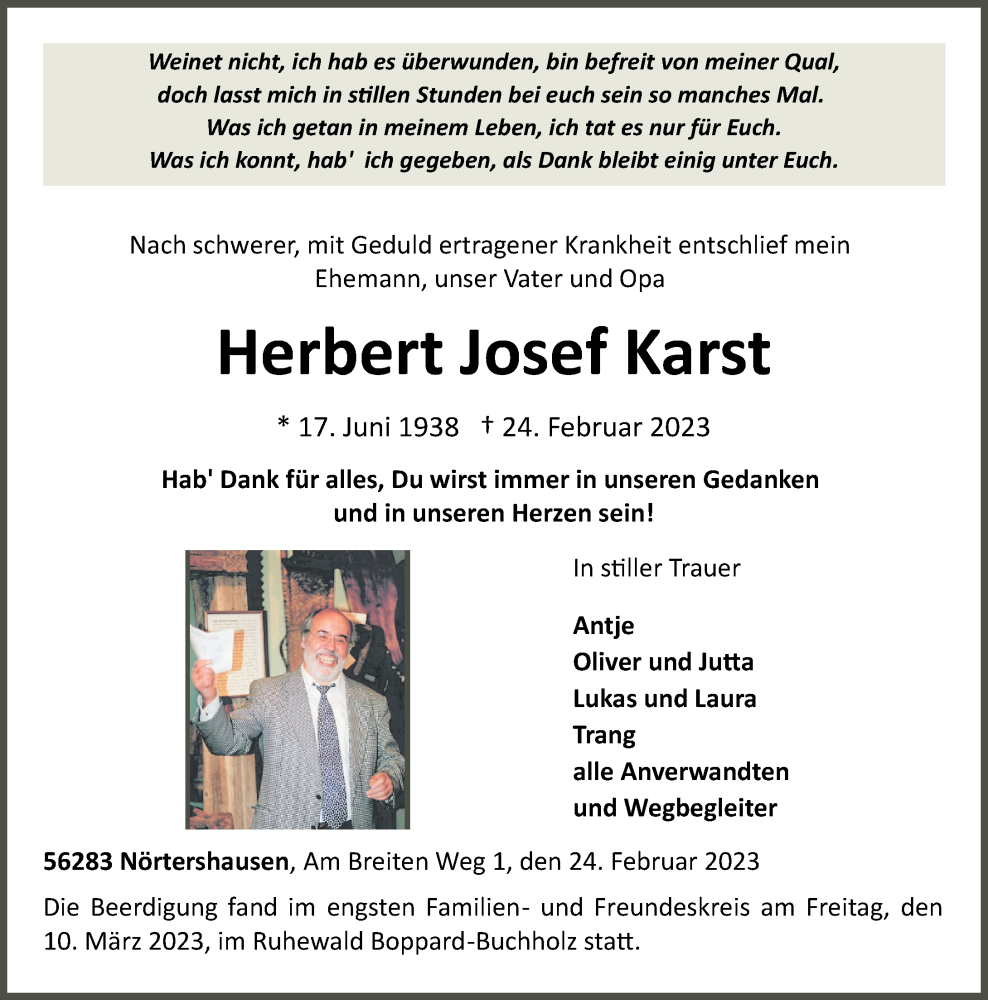  Traueranzeige für Herbert Josef Karst vom 11.03.2023 aus Rhein-Zeitung